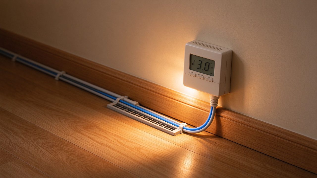 Kaltleiter entlang der Sockelleiste zum Fußbodenheizungs-Thermostat geführt