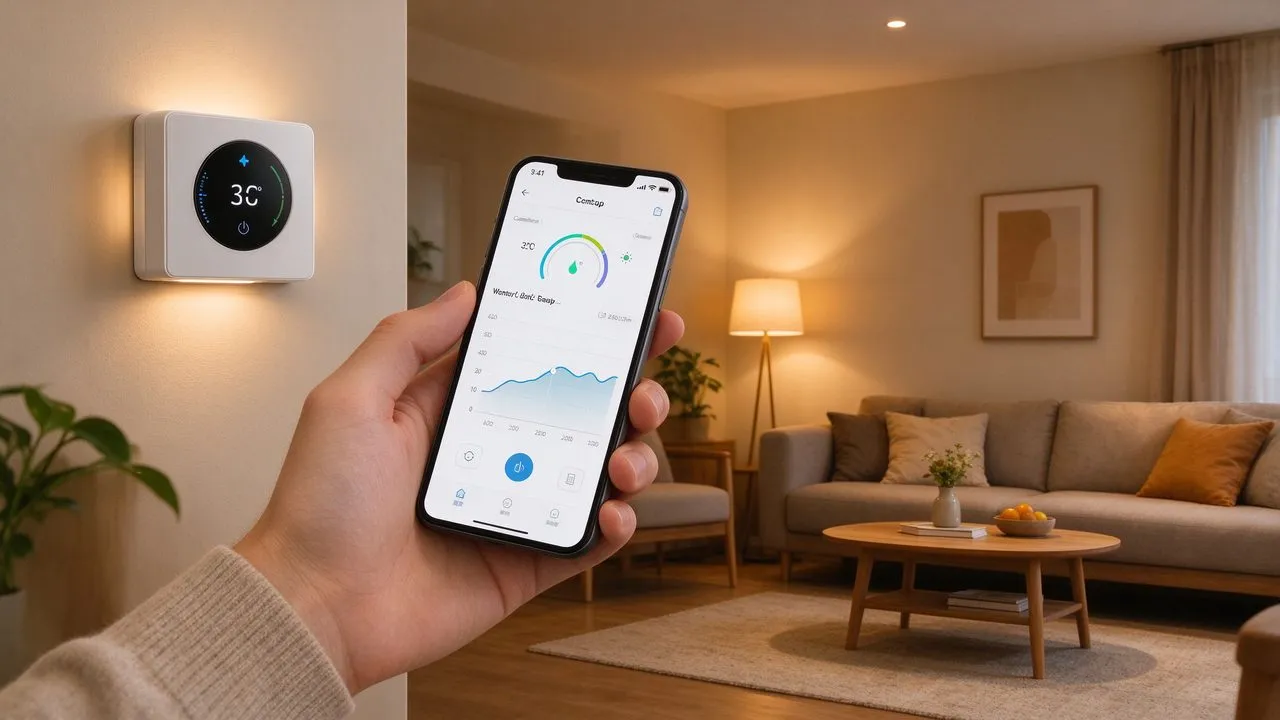 Huiseigenaar die thermostaat-app energieverbruik controleert in woonkamer