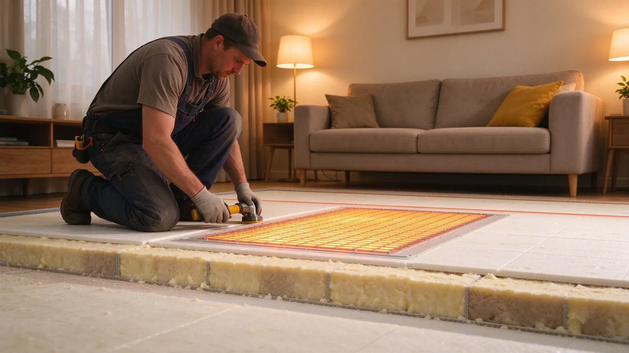 Installateur die vloerverwarming-opbouw afwerkt met isolatie en mat