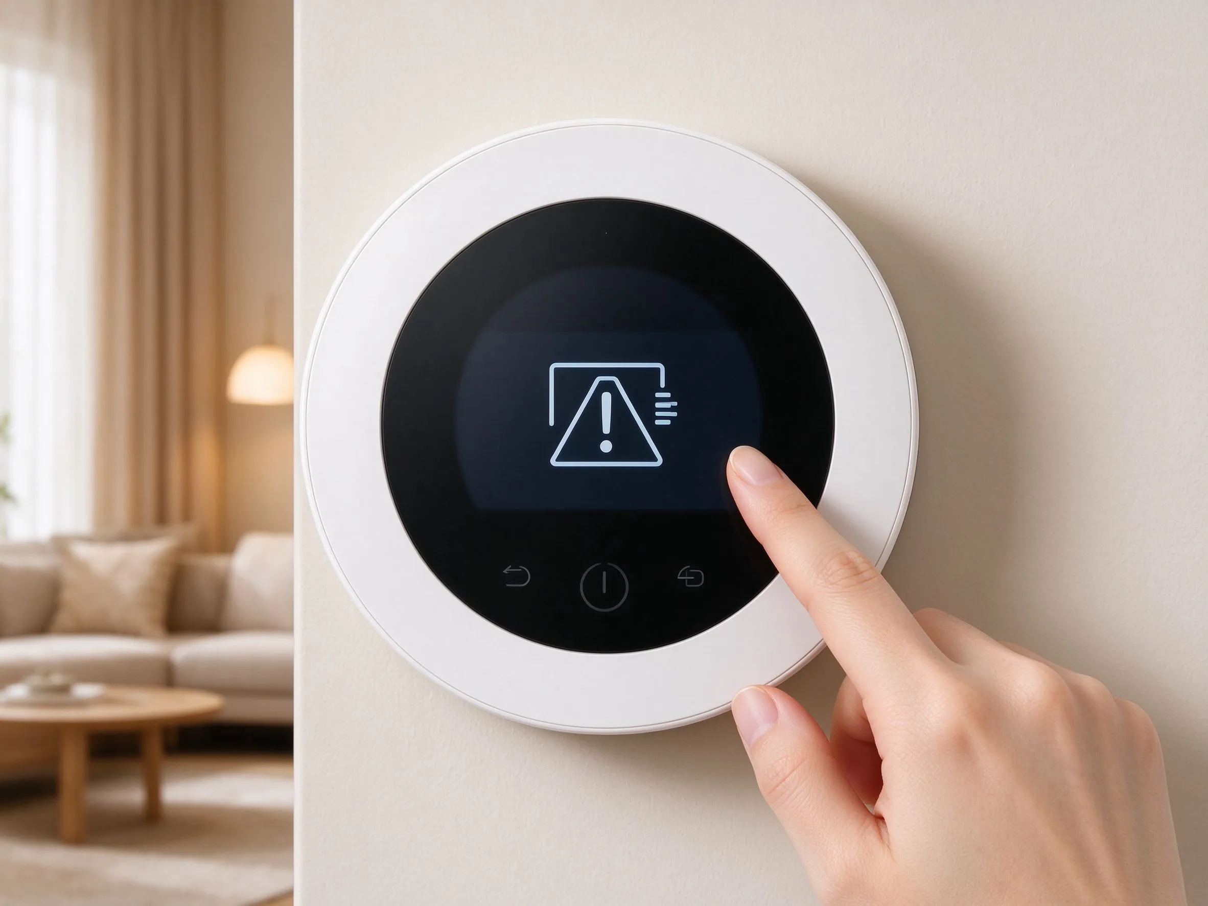 vinger die een slim thermostaatscherm aanraakt met een waarschuwingspictogram tijdens vloerverwarming troubleshooten