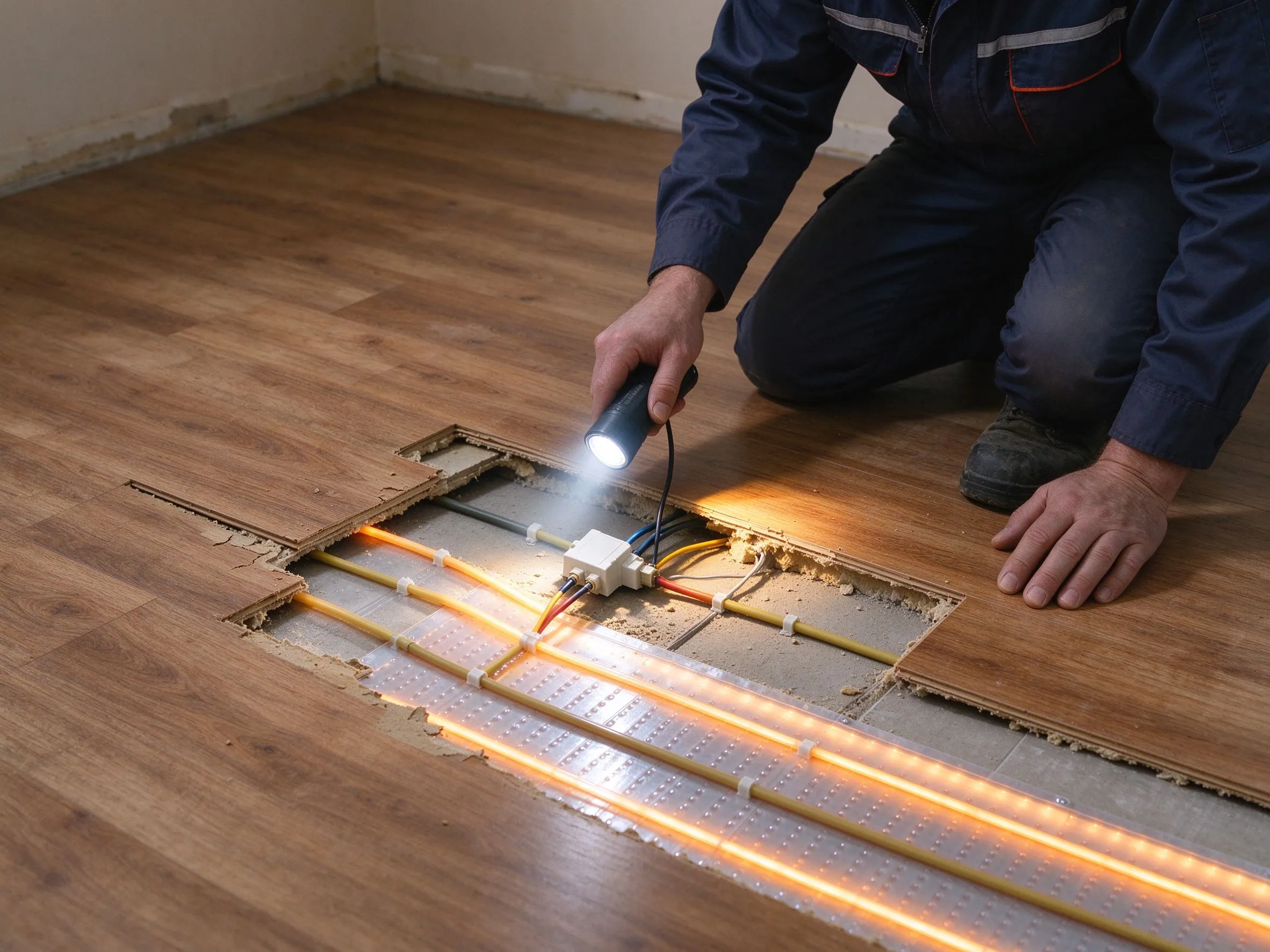 ingenieur die de verwarmingskabelverbinding inspecteert onder een opgetilde vloerplank met een zaklamp