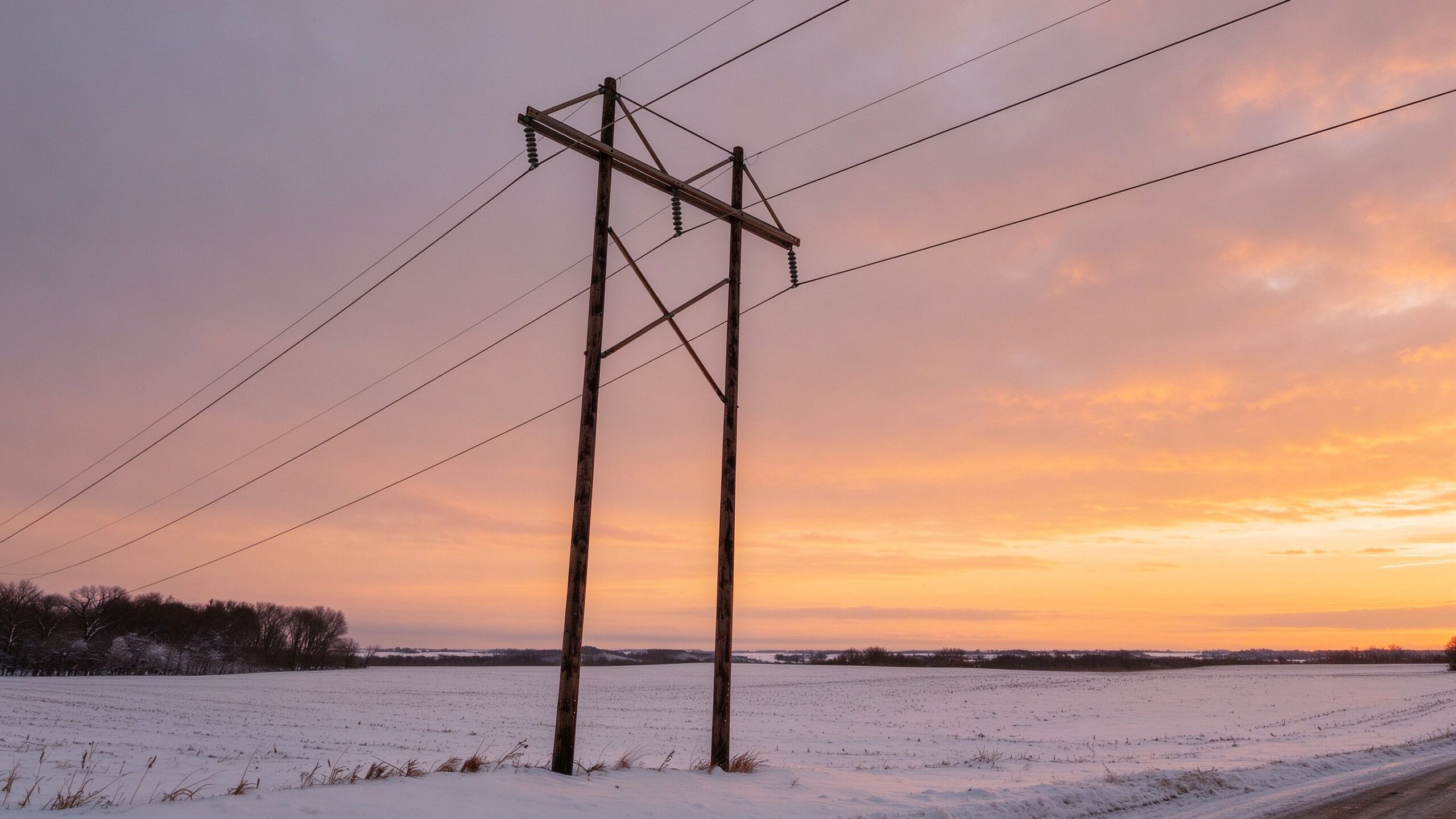 Power lines over snow-covered farmland at dusk