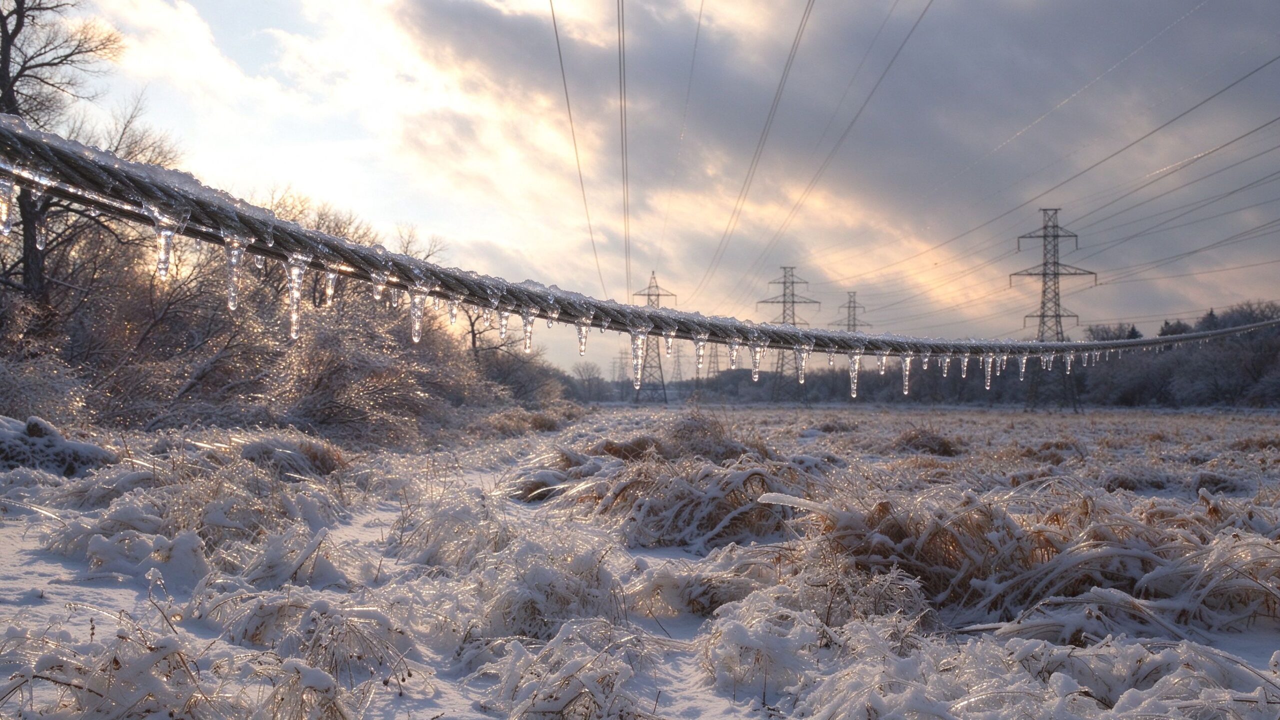 Iced overhead power lines in winter landscape