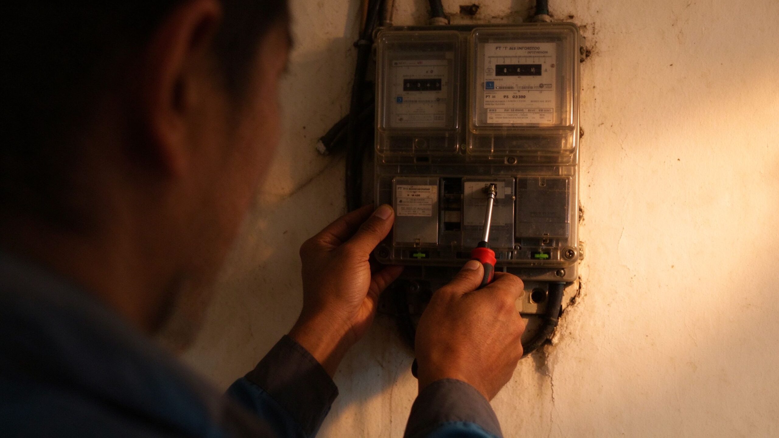 Electrician servicing an electricity meter on a wall