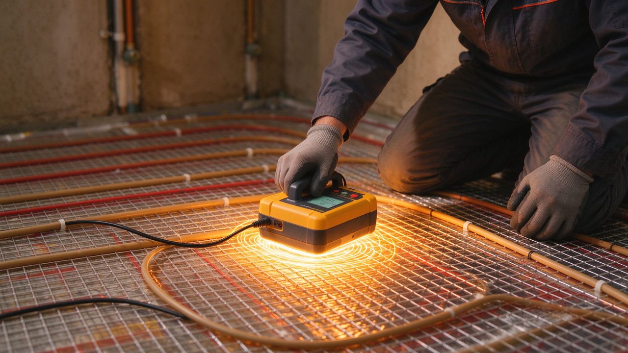 Technician measuring electromagnetic field levels of electric underfloor heating