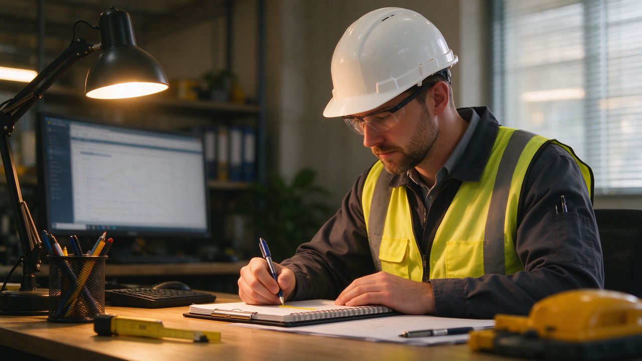 Engineer recording measurement data in notebook