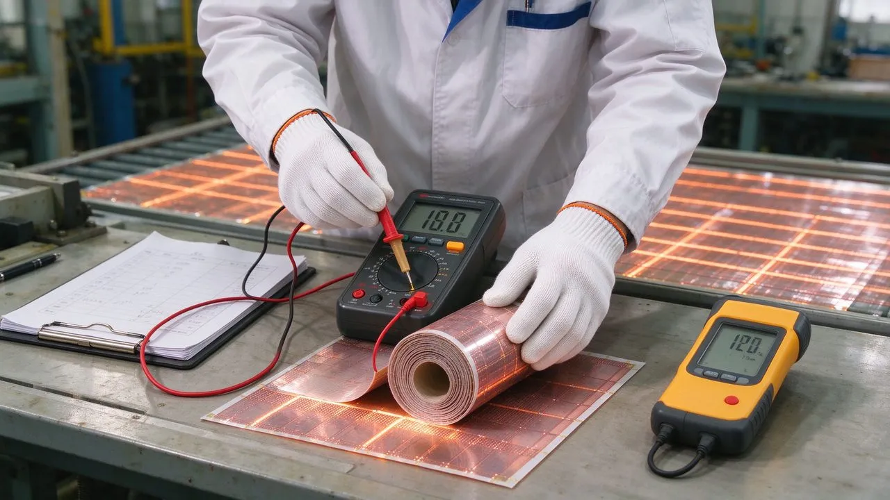Ingenieur die verwarmingsfolieweerstand test met multimeter op fabriekbank