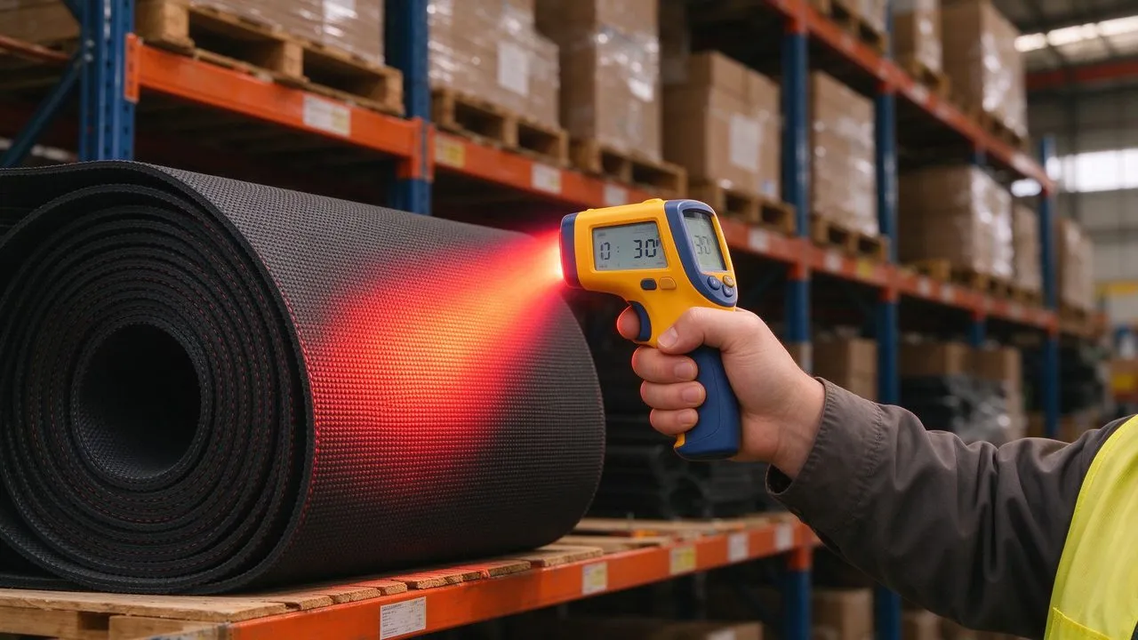 Kwaliteitsinspecteur die mat-oppervlaktemperatuur scant met infrarood thermometer