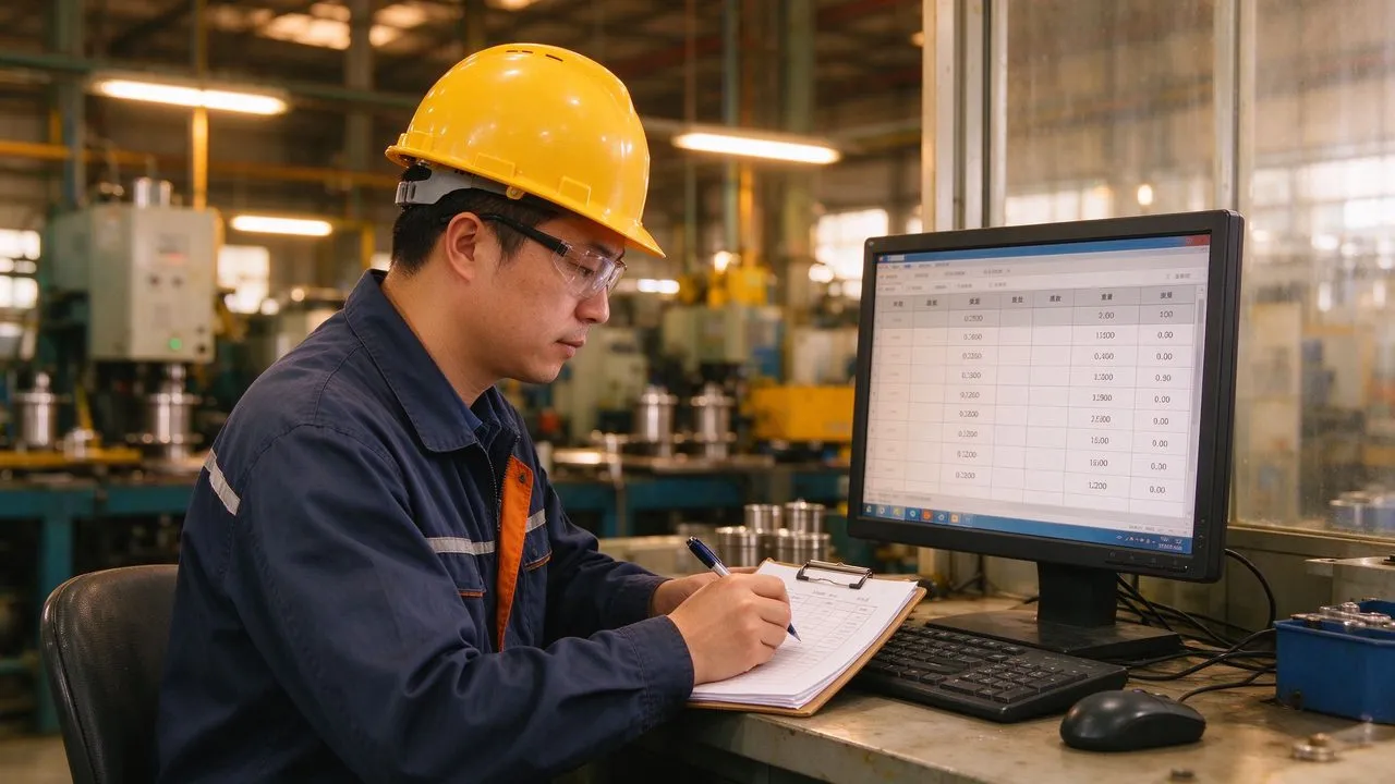 Inspector de calidad registrando datos de prueba de lote en el ordenador de la fábrica
