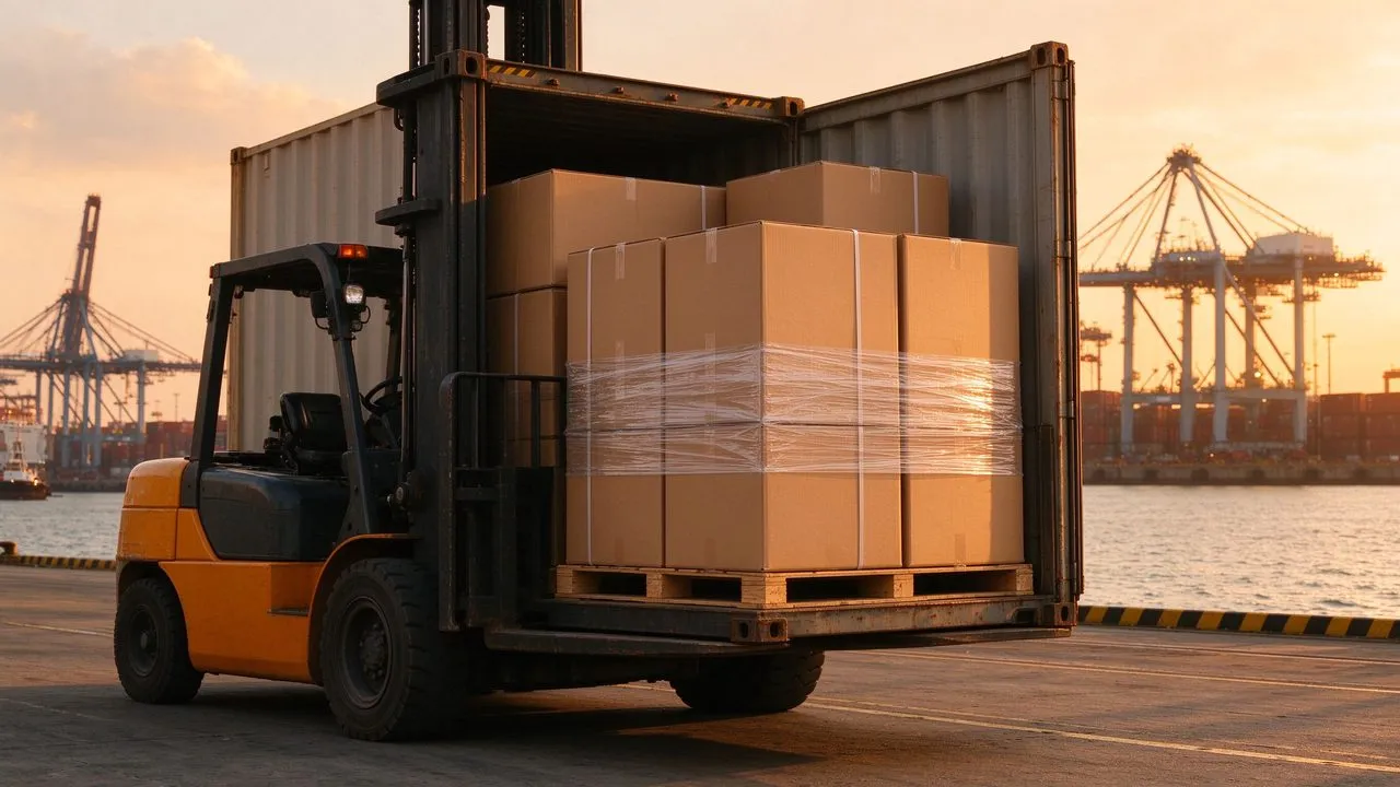 Carretilla elevadora cargando cajas de producto de calefacción en un contenedor de exportación en el puerto