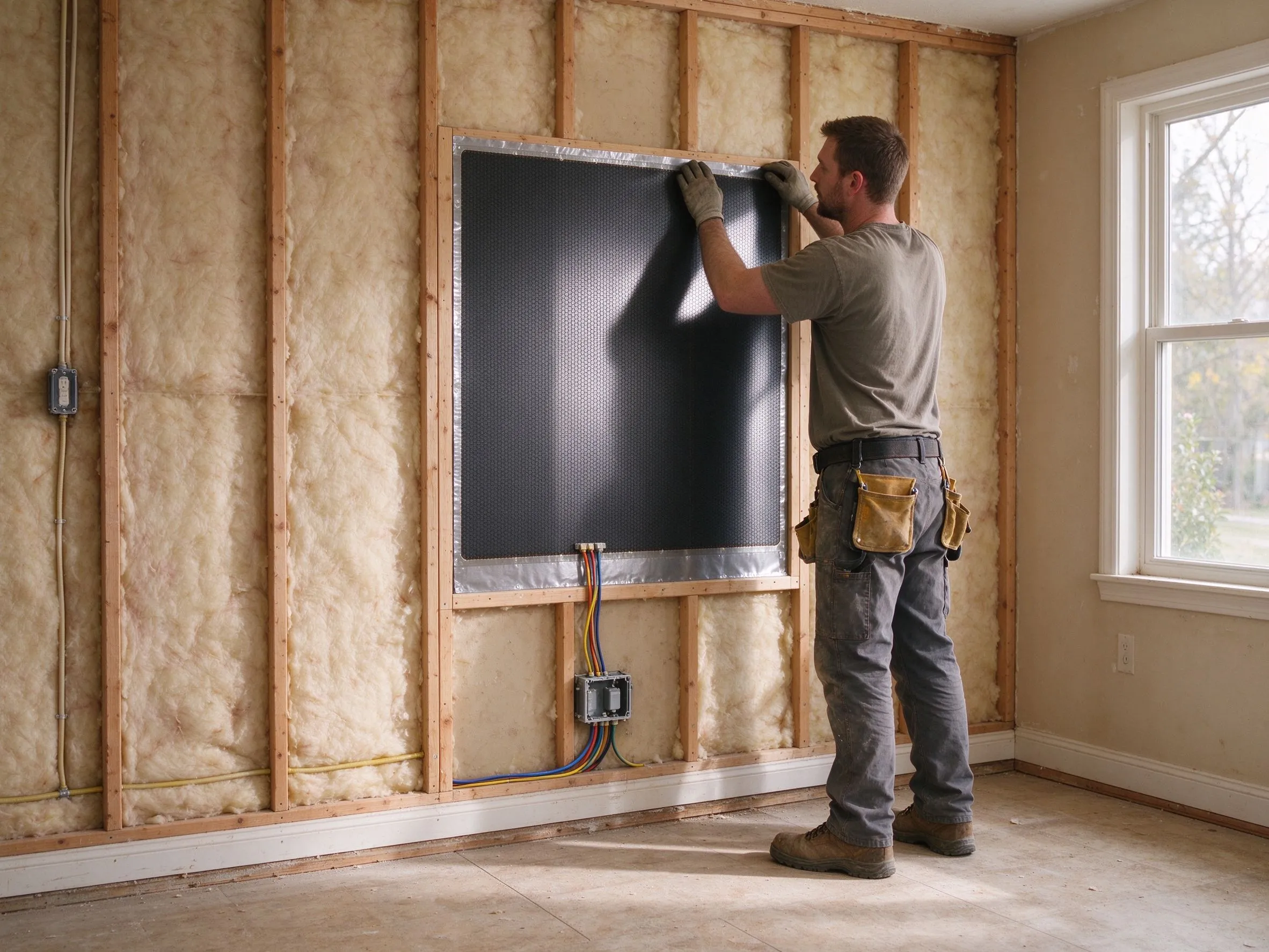 installateur die grafen wandverwarmingsfolie monteert achter gipsplaat in een renovatie
