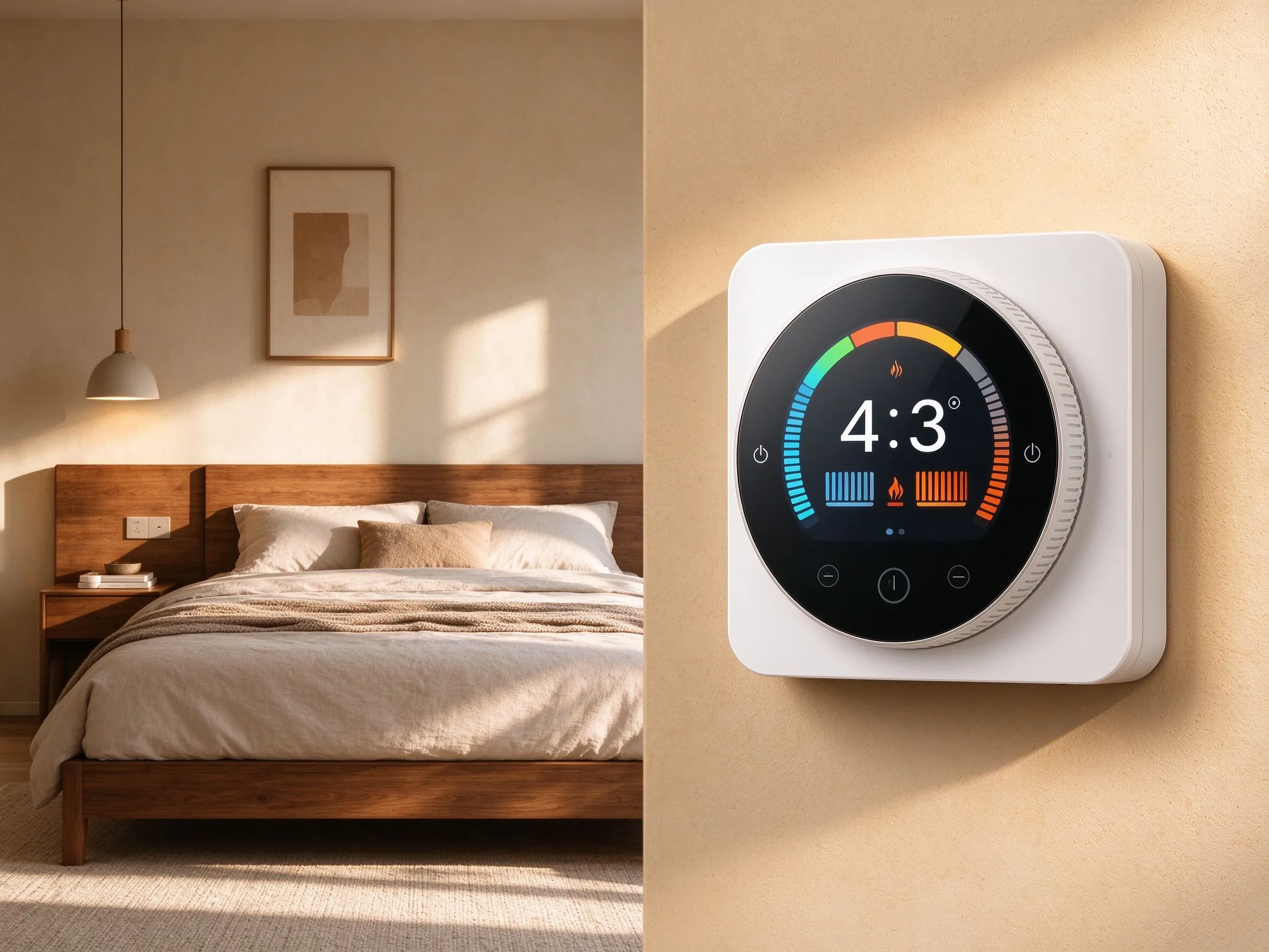 slimme thermostaat die een grafen wandverwarmingszone regelt in een gerenoveerde kamer