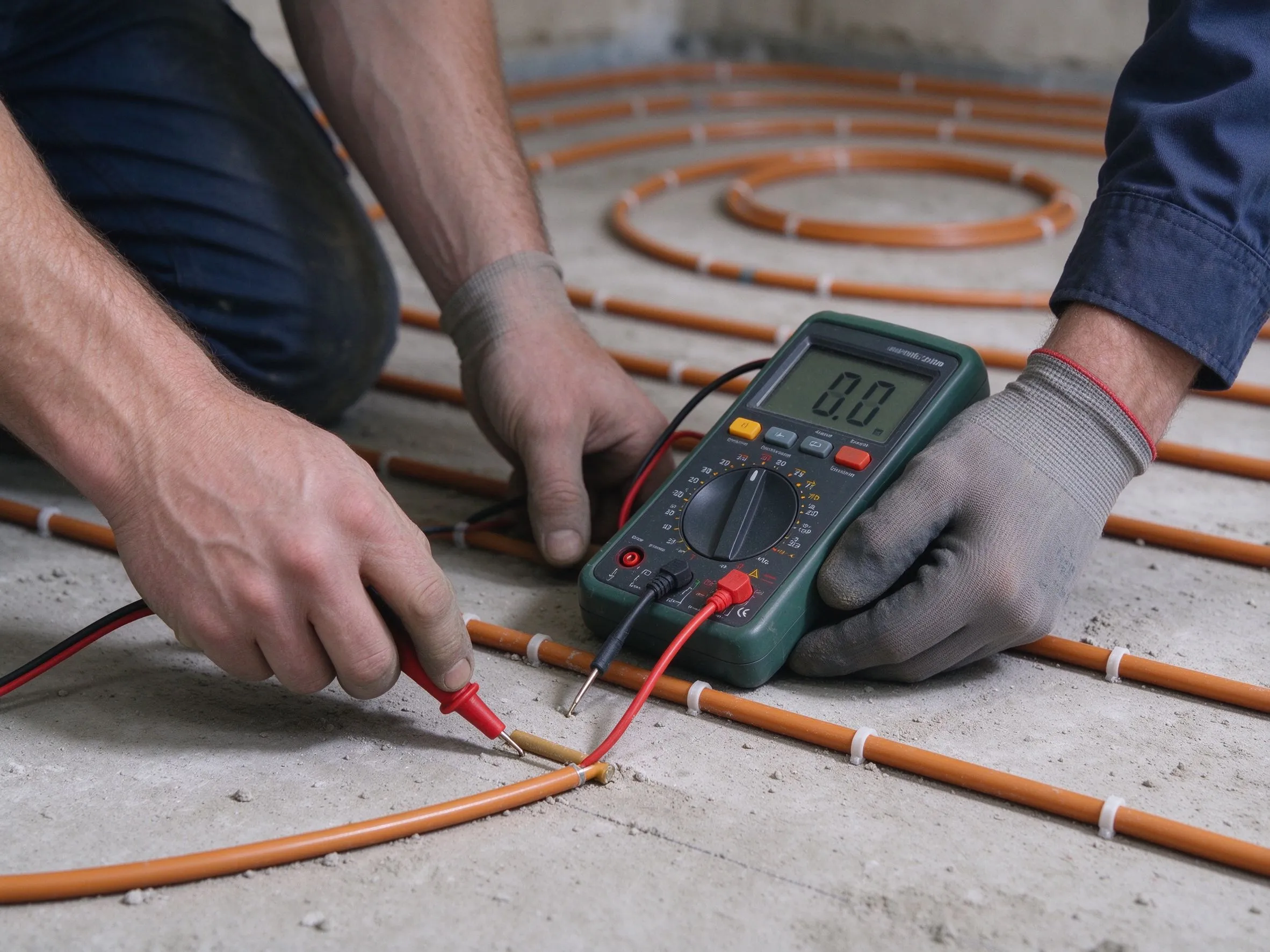 Mani dell'elettricista che utilizzano un multimetro per testare la resistenza sulle estremità del cavo riscaldante posate su un sottofondo in cemento