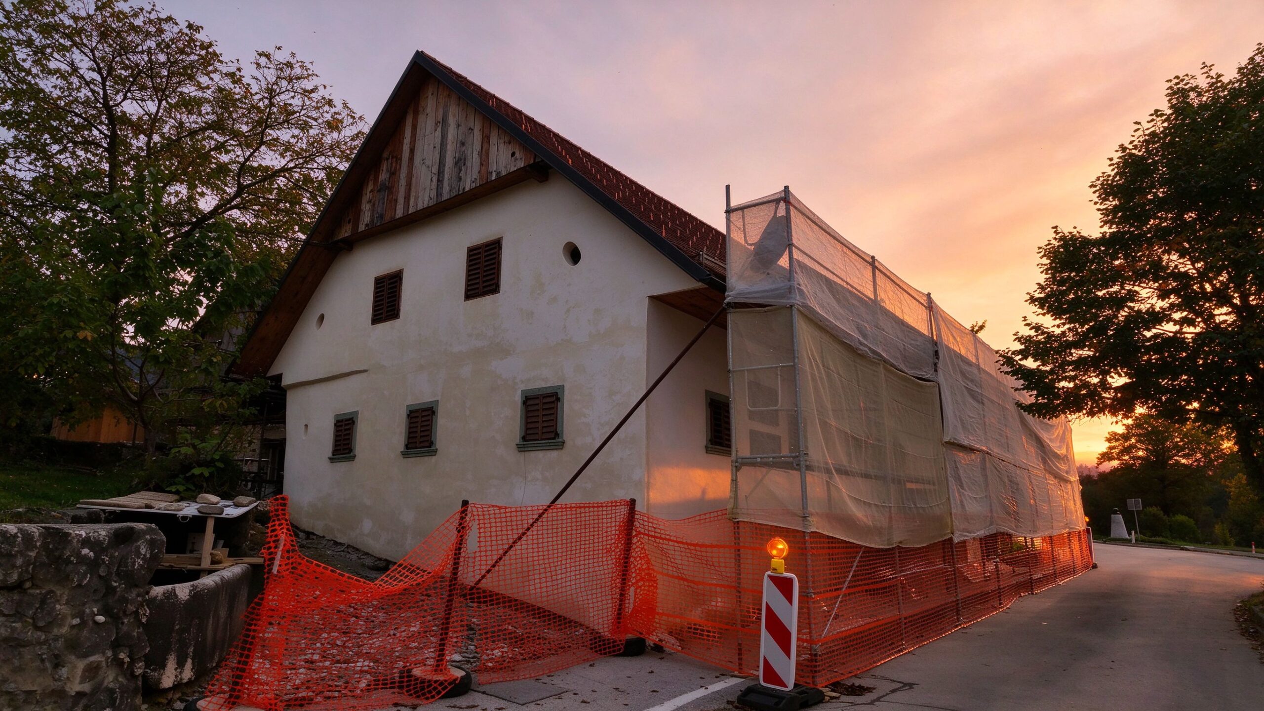 Historic house renovation with scaffolding at dusk