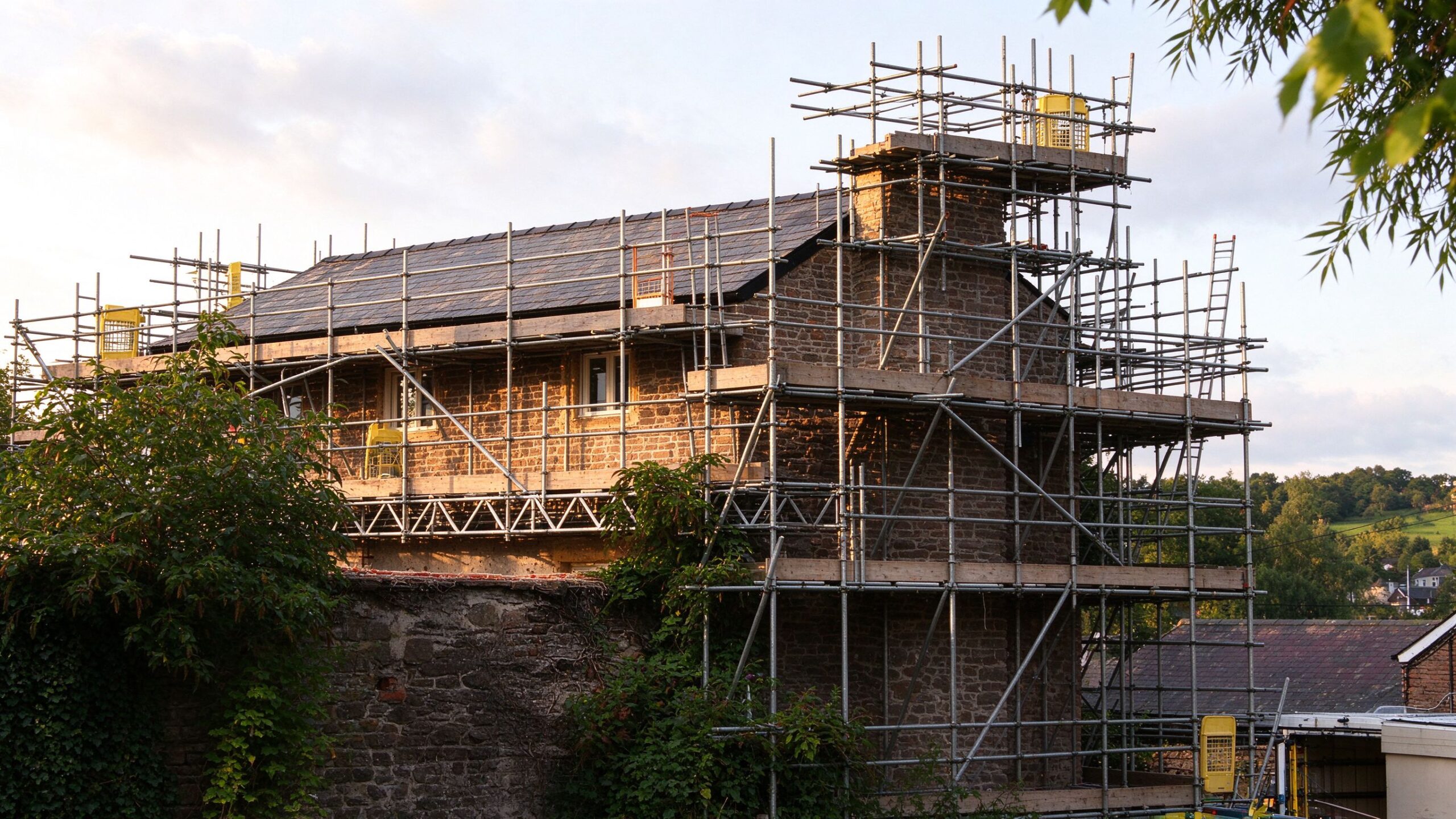 Stone historic building with scaffolding under renovation