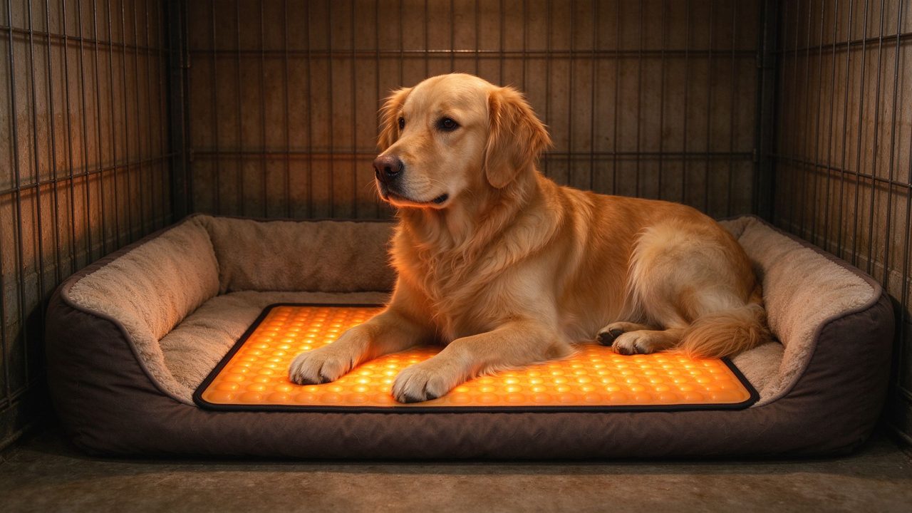 Golden retriever descansando sobre una almohadilla calefactora dentro de la perrera
