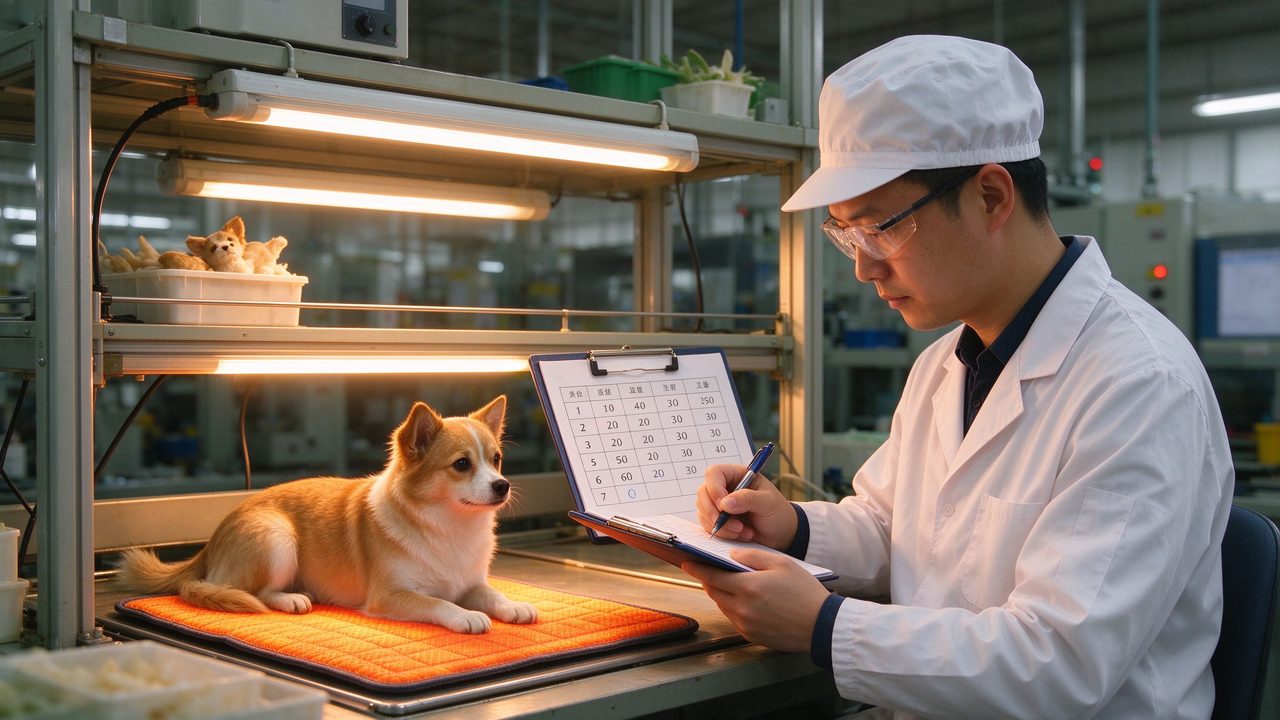 Inspector de calidad registrando los datos de ensayo de una almohadilla calefactora para mascotas