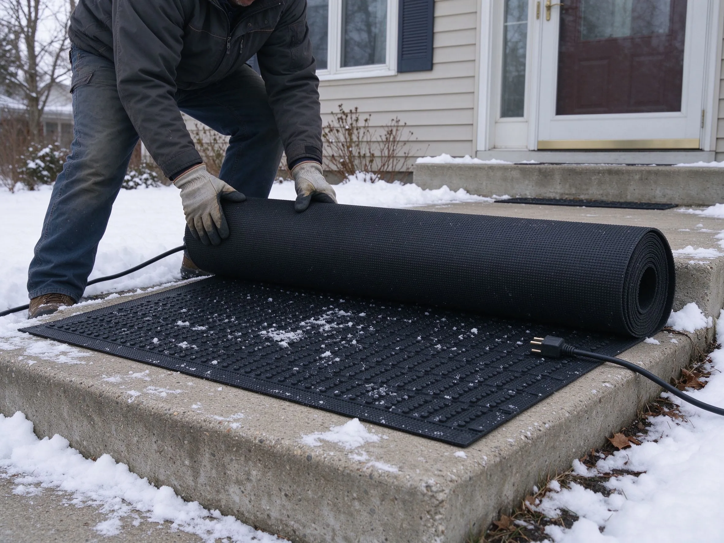 Ouvrier déroulant un tapis déneigeur noir sur des marches extérieures en béton d'une maison résidentielle