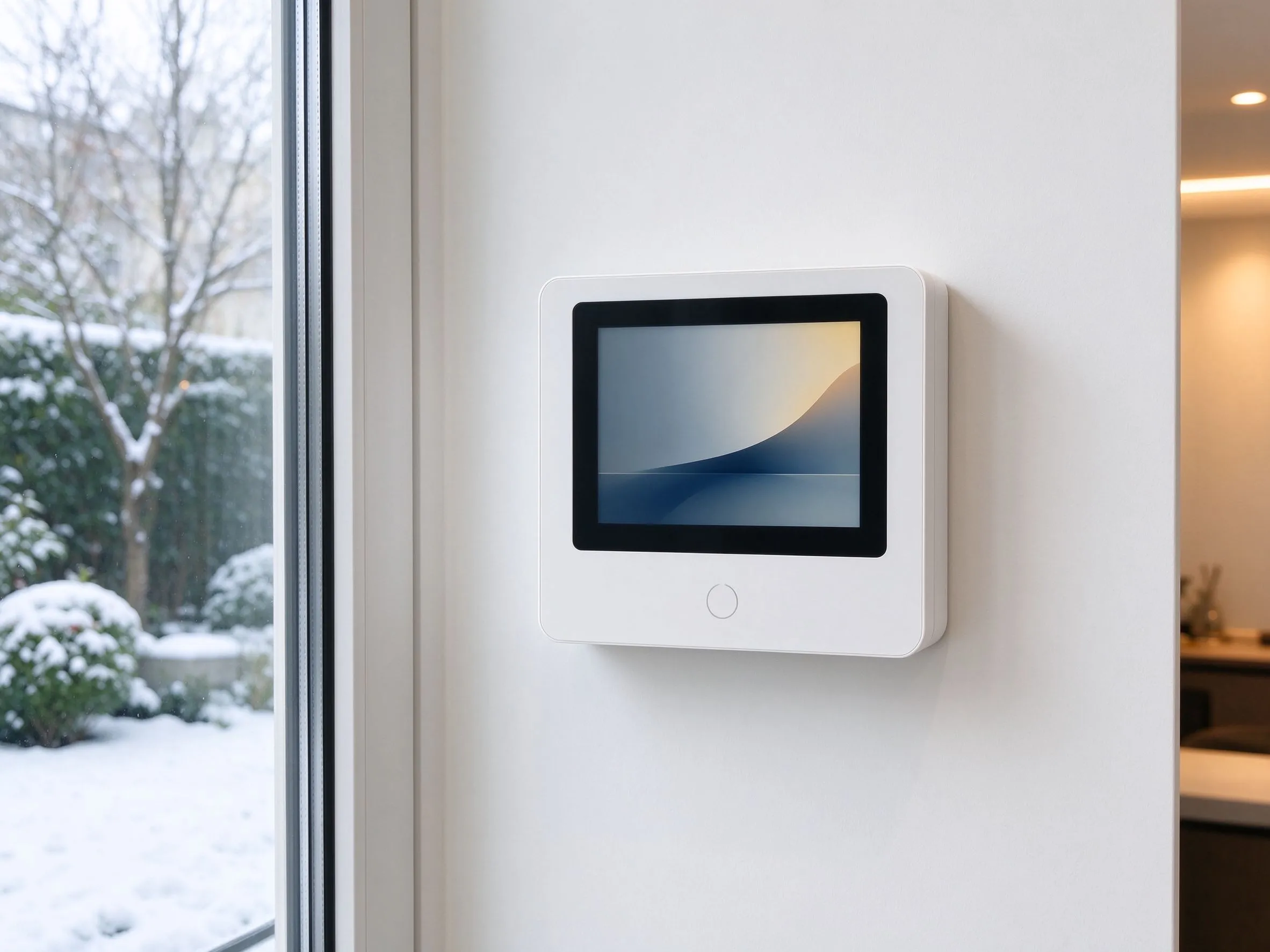 Thermostat intelligent moderne blanc mural près d'une fenêtre donnant sur un jardin enneigé