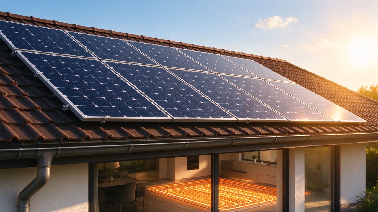 Paneles solares en el tejado de una vivienda con la casa calefactada debajo