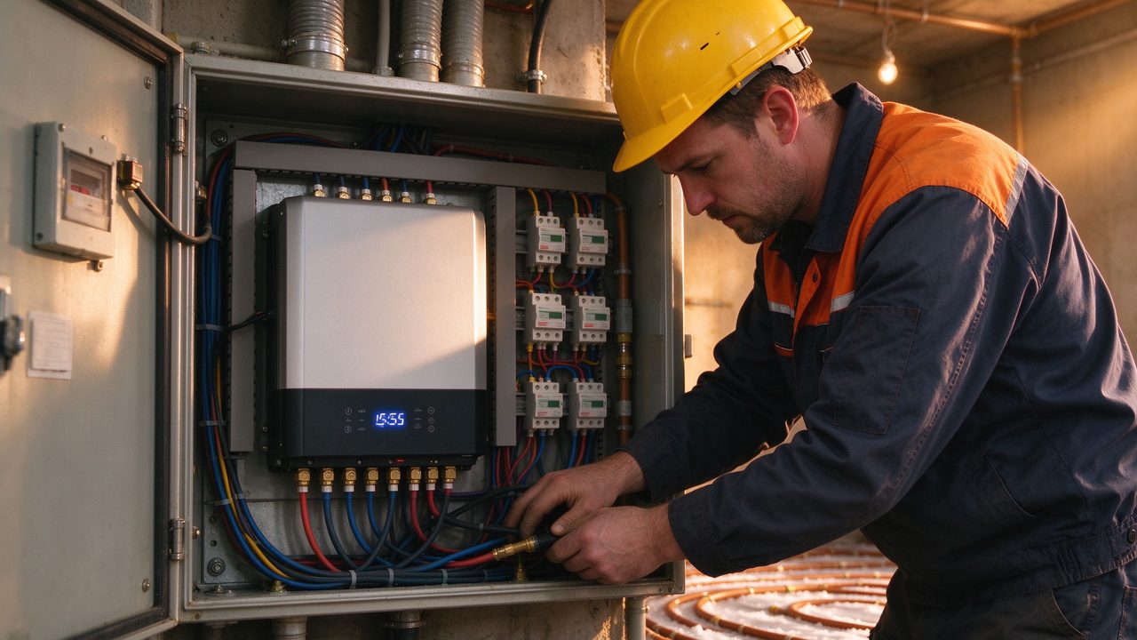 Electricista revisando el inversor y los circuitos de suelo radiante en el cuadro de distribución