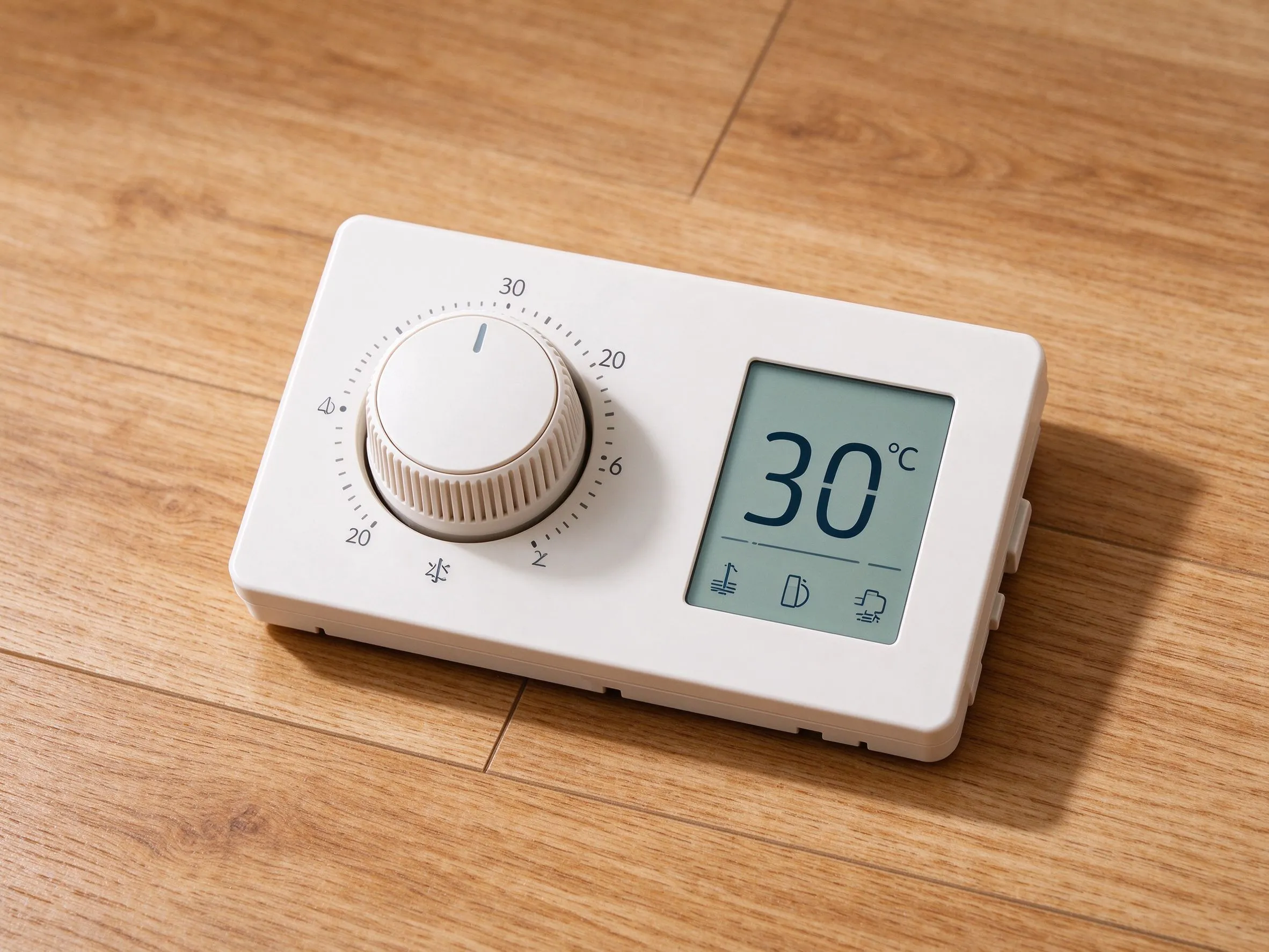 thermostaat op een houten vloer die de temperatuurinstelling toont voor een elektrisch vloerverwarmingssysteem