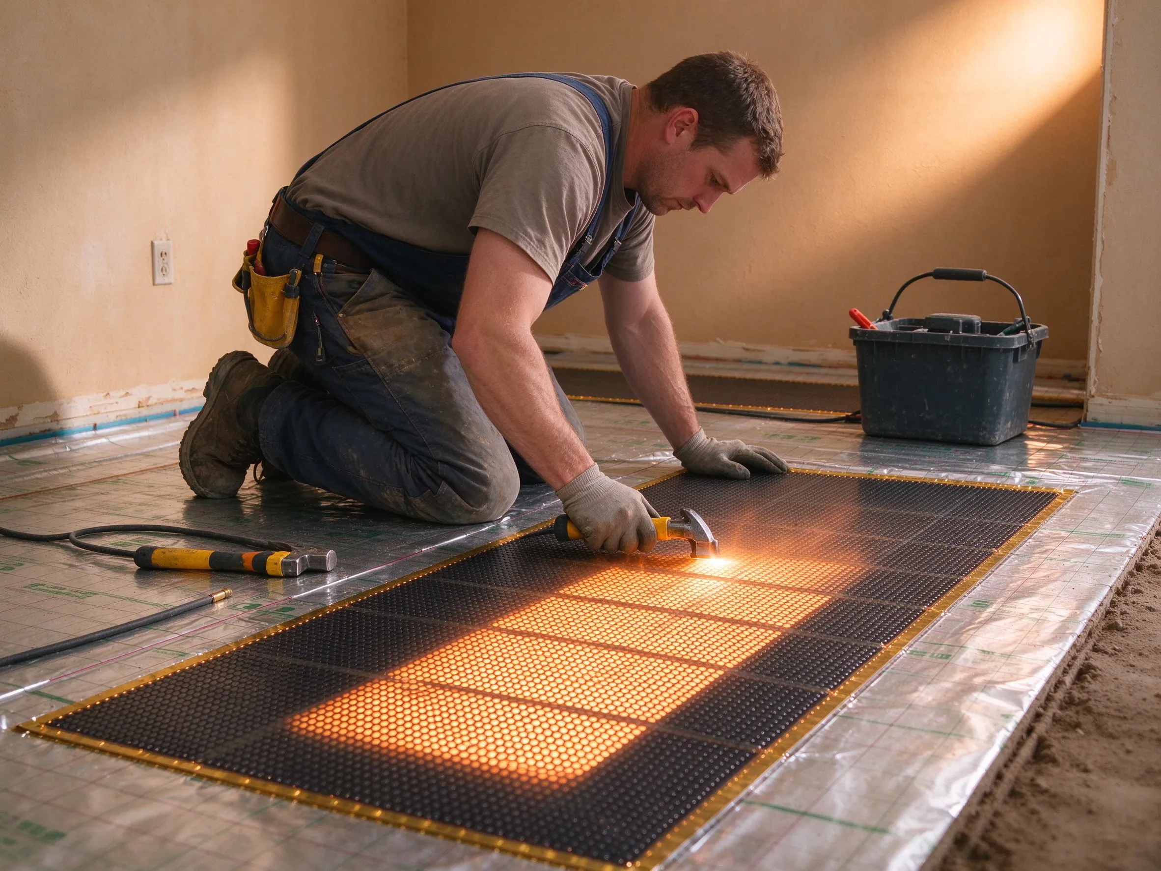 installateur die grafenverwarmingsfolie legt voor een energie-efficiënte vloerverwarmingsinstallatie