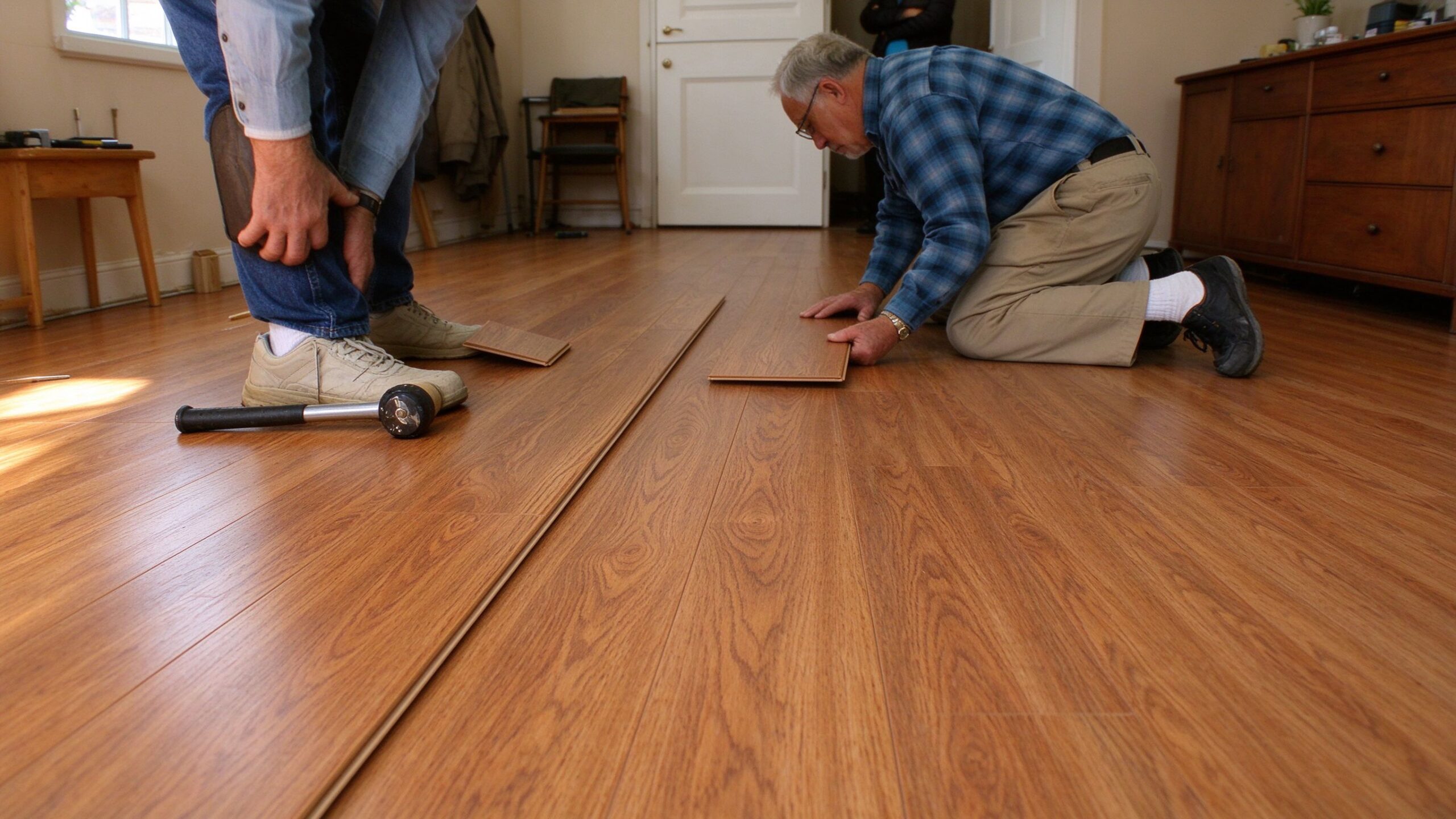 Workers installing wood flooring planks indoors