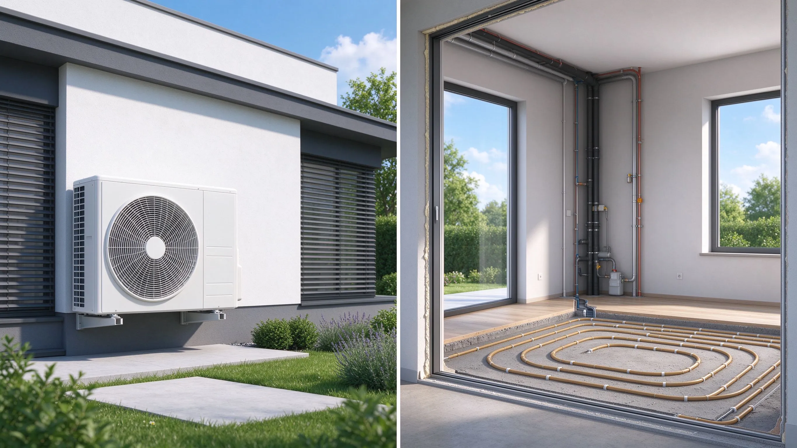 Vue partagée d'une unité extérieure de pompe à chaleur air-air sur le mur d'une maison moderne et l'intérieur en coupe montrant les tubes de chauffage au sol dans la dalle