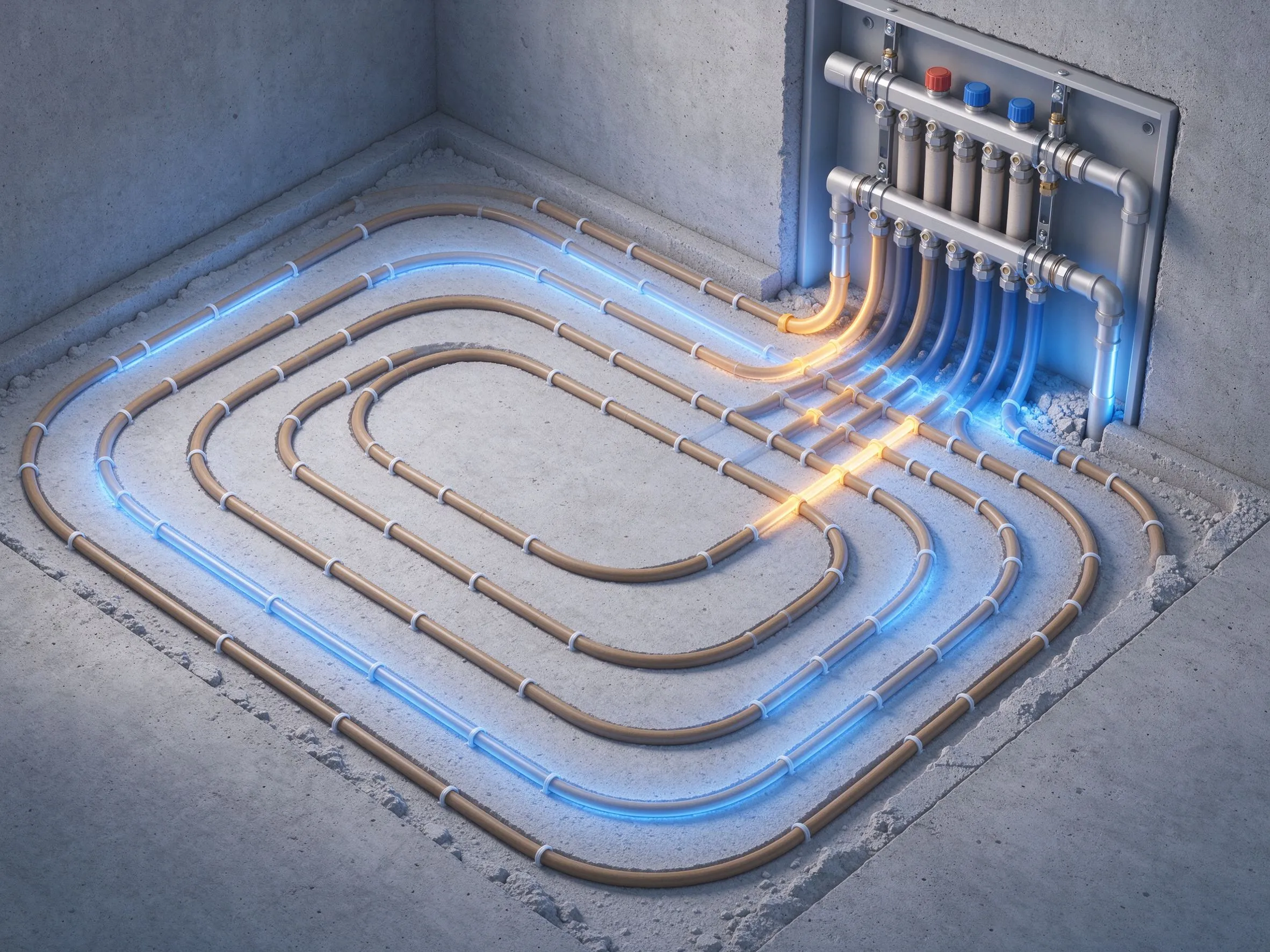 Stainless steel underfloor heating manifold connected to PEX circuits