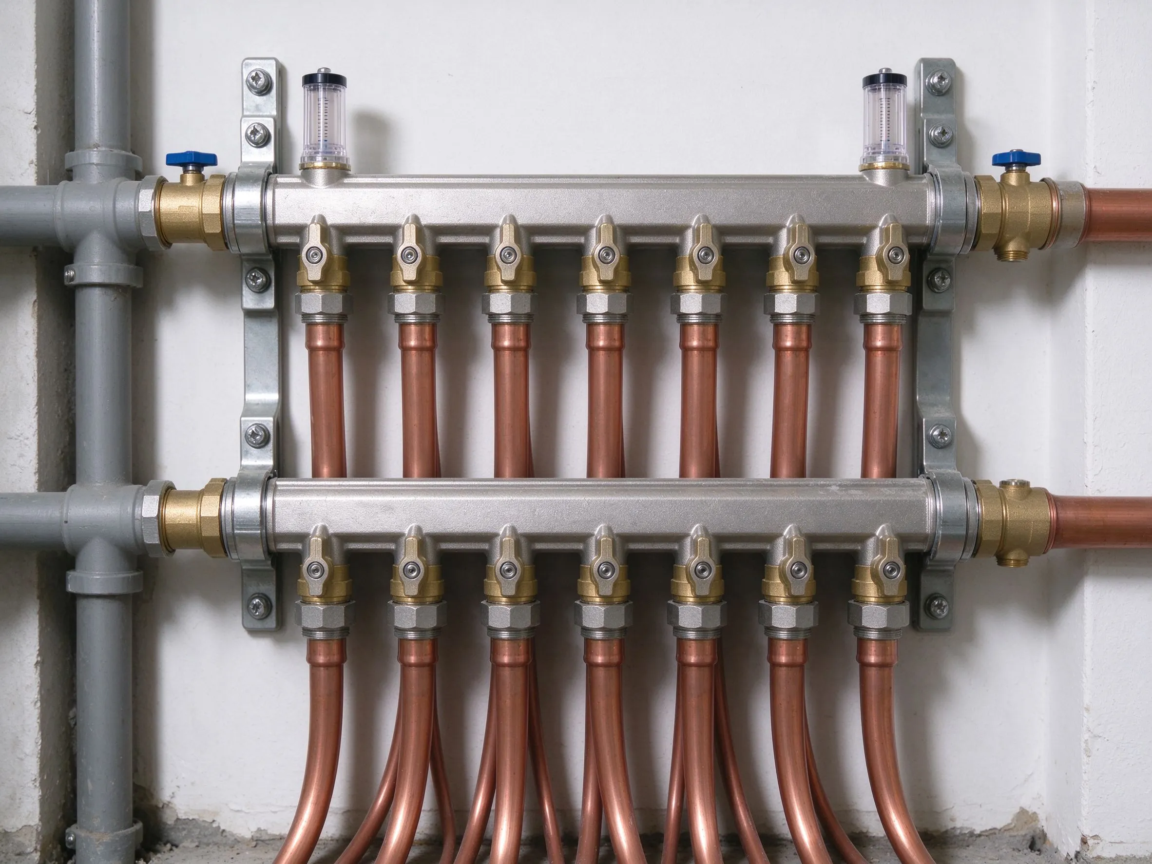 Gros plan sur un collecteur de chauffage au sol en laiton monté sur un mur blanc avec des tubes cuivre connectés soignés