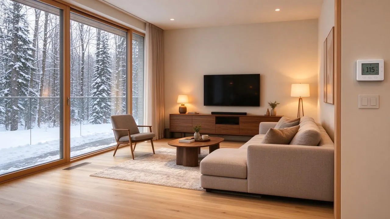 Afgewerkte gerenoveerde woonkamer met vloerverwarming en slimme thermostaat