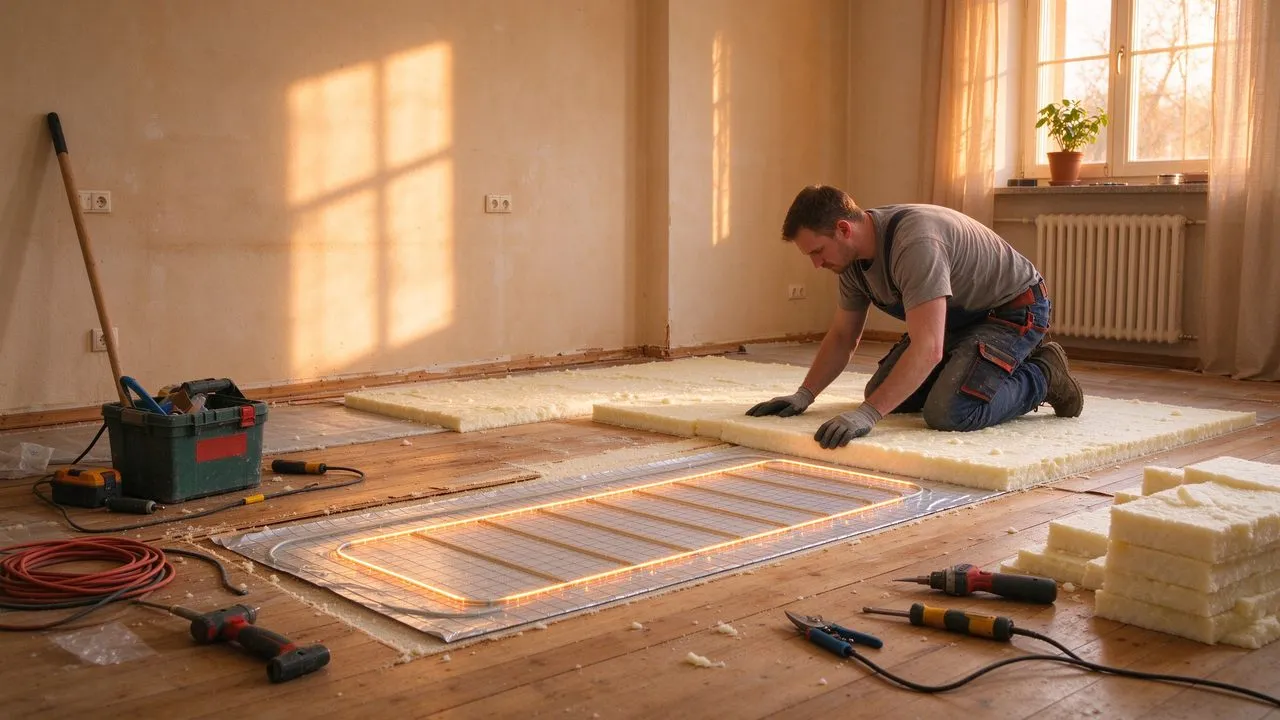 Renovatie-appartement met opgetilde vloer en isolatieplaat installatie