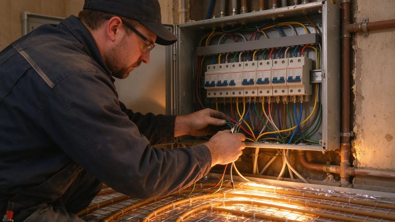 Elektricien die vloerverwarmingscircuits aansluit in verdeelkast