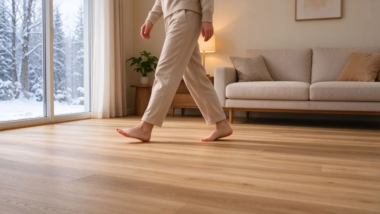 Huiseigenaar die blootsvoets loopt op gerenoveerde verwarmde houten vloer